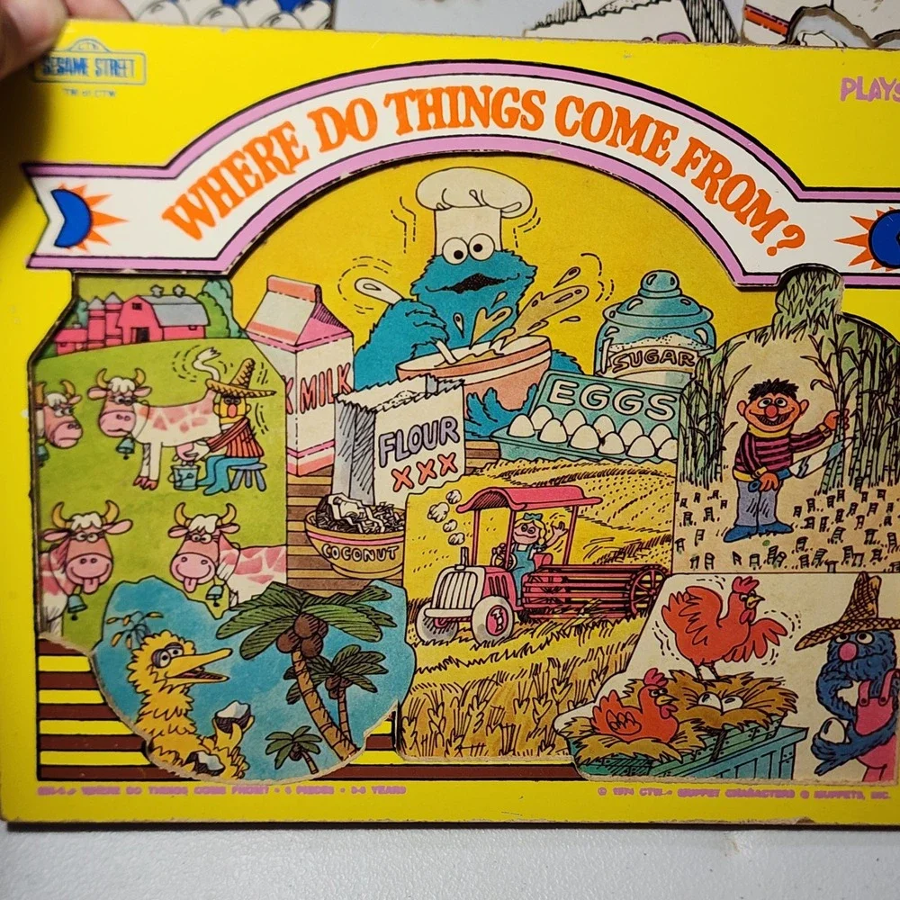 Vintage 1974 Playskool Sesame Street Where Do Things Come From Wood Puzzle 285-3